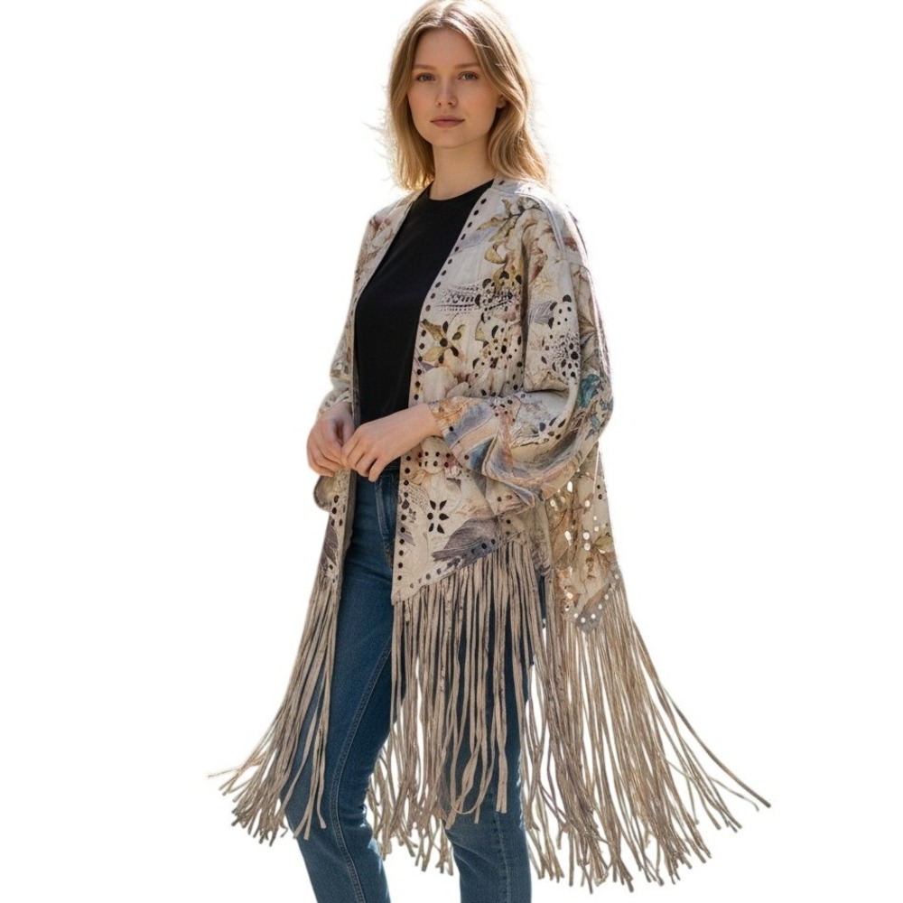 Origami by Vivien Faux Suede Floral Fringe Kimono Cardigan Gray OLS-4761 Small